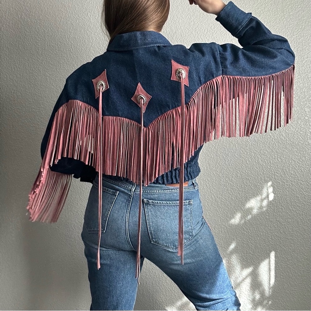 Vintage Long Fringe Western Denim Jacket Crop Fit Pink Leather Tassels Sz Medium
